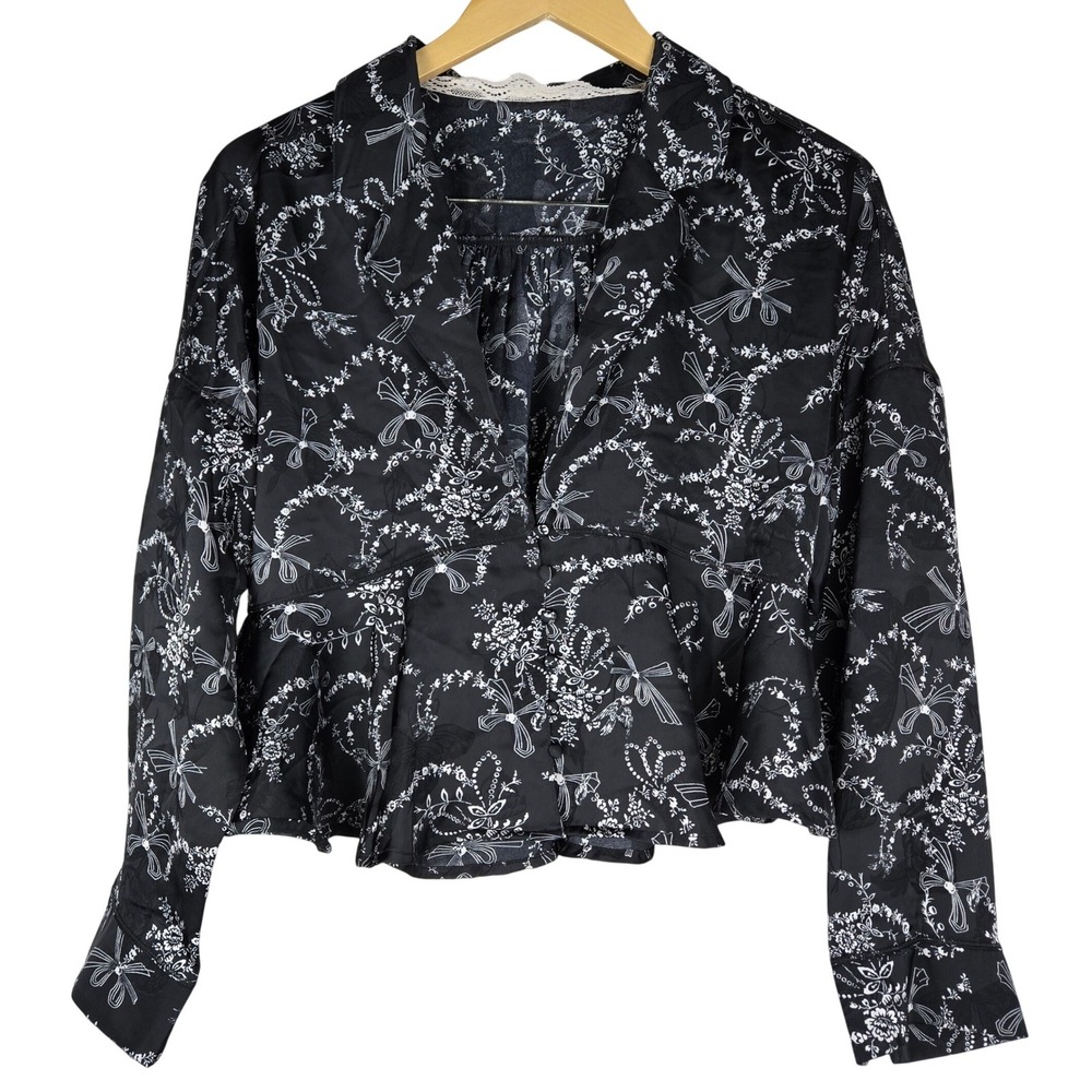 Intimately Free People Black Floral Beauty Sleep Peplum Blouse Medium